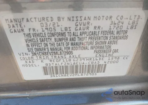2021 Nissan Versa Sv Xtronic Cvt from USA, damaged, VIN 3N1CN8EV2ML872905